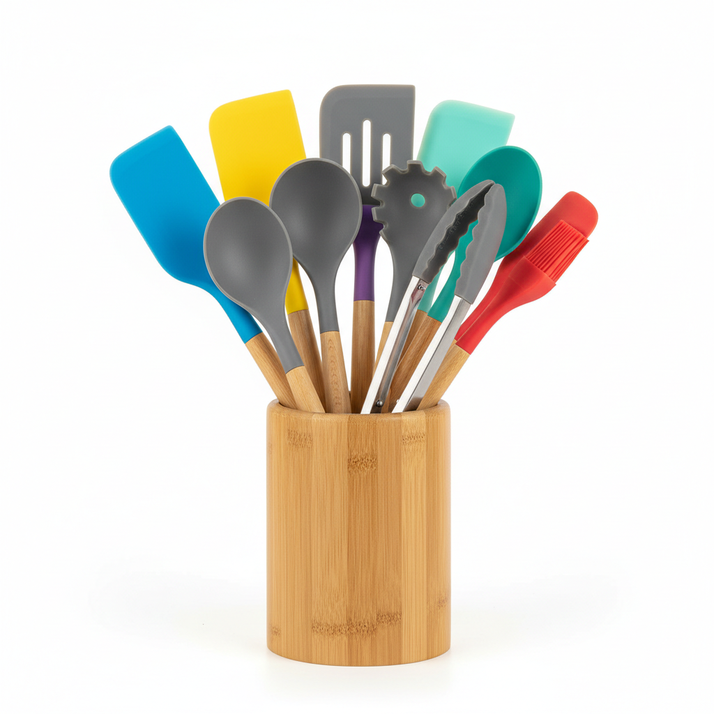 10-piece silicone kitchen utensil set with storage holder including spatula, ladle, whisk and tongs