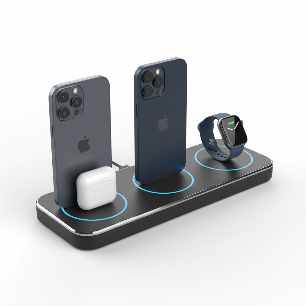 3-in-1 wireless charging pad charging smartphone, earbuds and smartwatch simultaneously