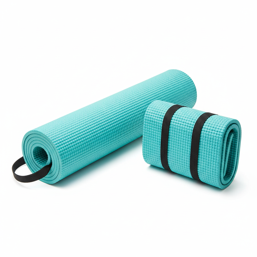 Foldable non-slip yoga mat with carry strap shown folded and unrolled