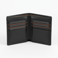 Slim RFID-blocking genuine leather bifold wallet in black and brown showing card slots