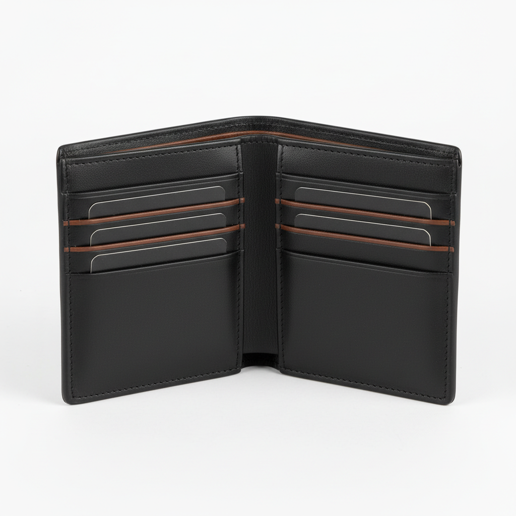 Slim RFID-blocking genuine leather bifold wallet in black and brown showing card slots