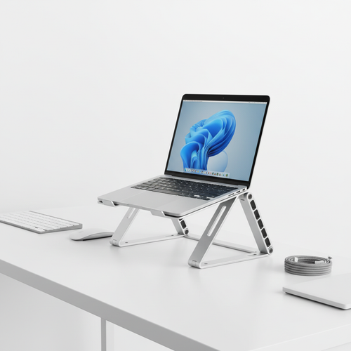 Adjustable aluminum laptop stand with 6 height levels, foldable design on a clean desk