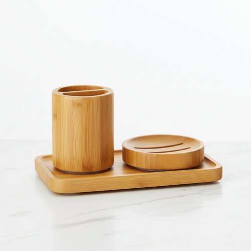 Natural bamboo bathroom organizer set with tray, toothbrush holder and soap dish