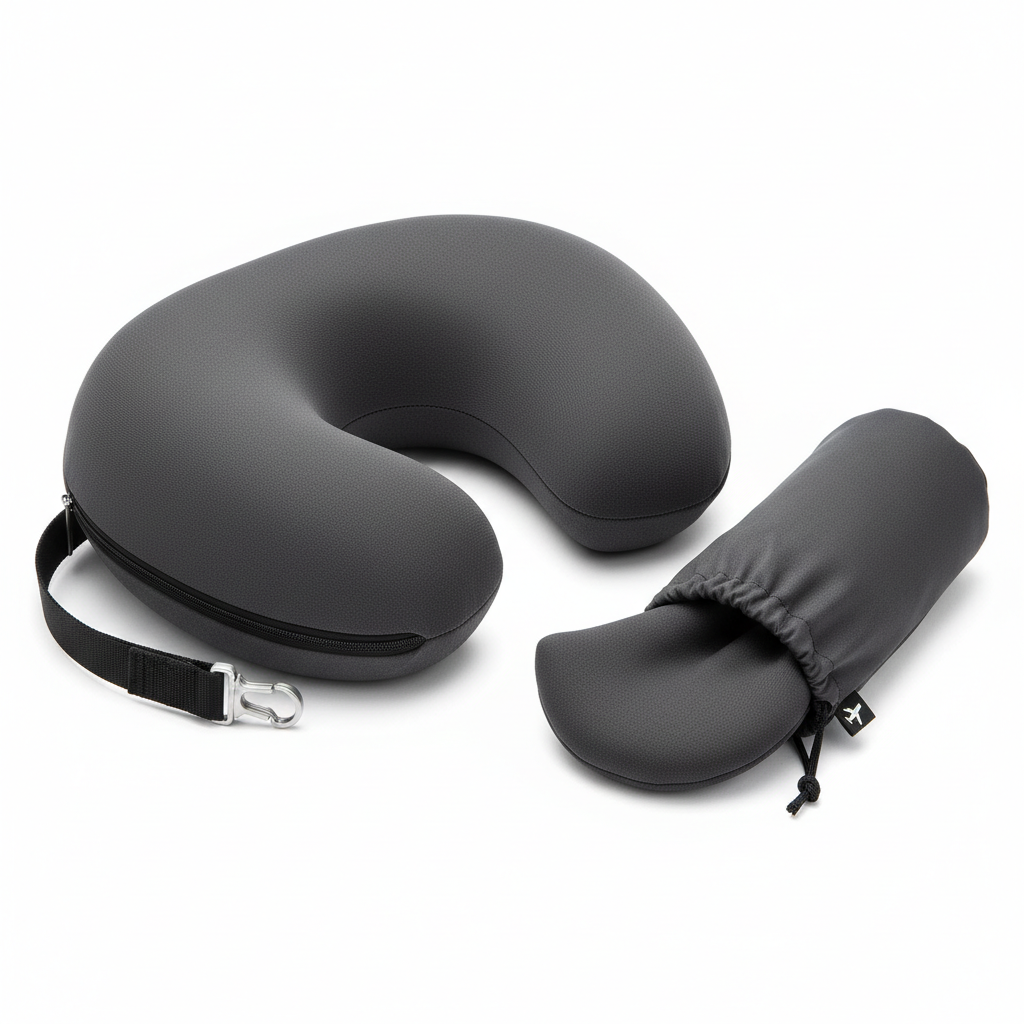 Memory foam travel pillow with washable cover, luggage clip and travel pouch