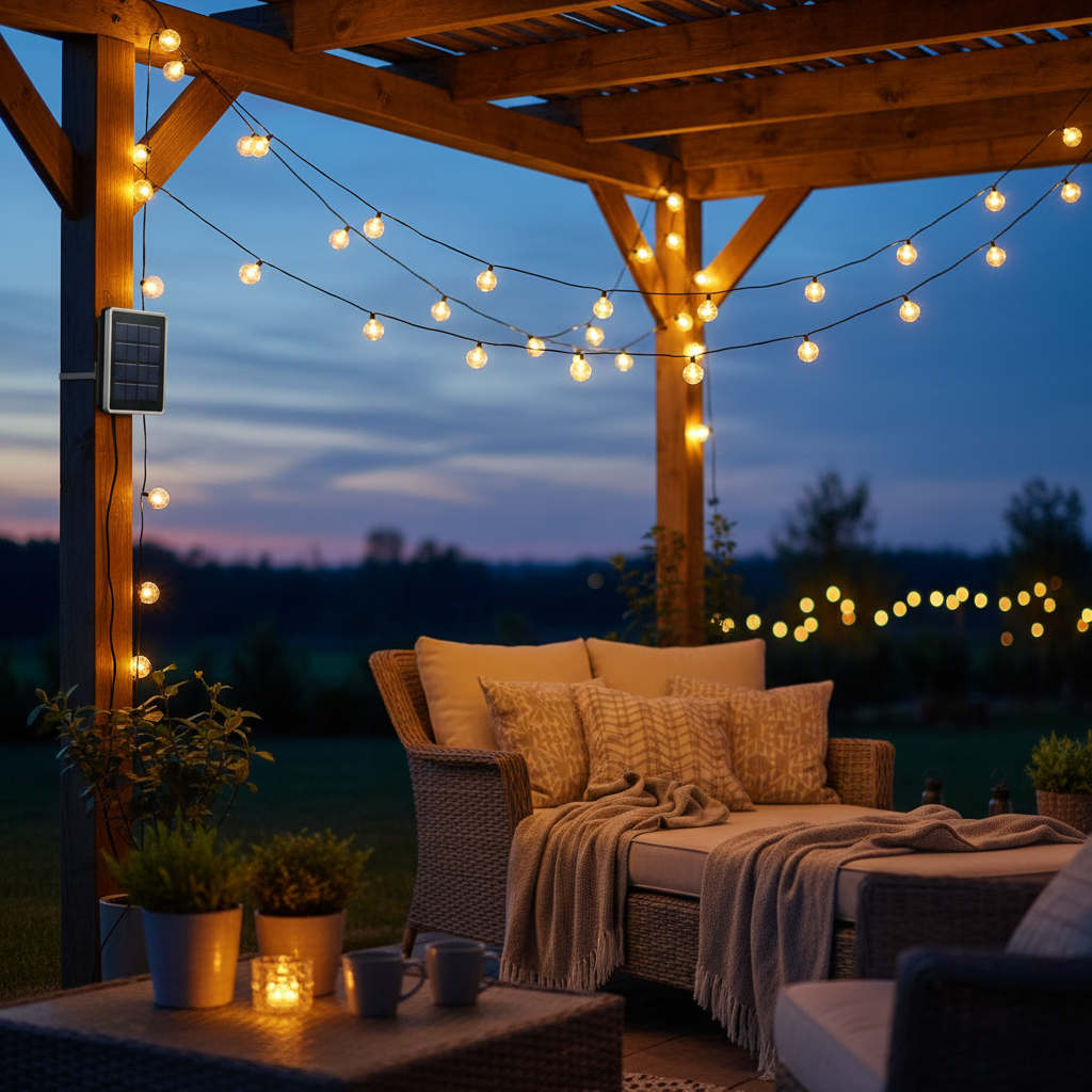 Solar powered LED string lights glowing warmly on an outdoor patio at dusk