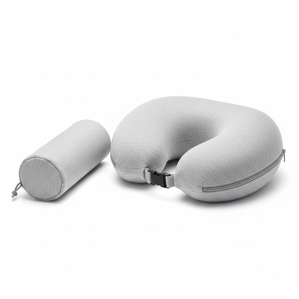 Memory foam travel pillow with removable washable cover, clip closure and travel pouch