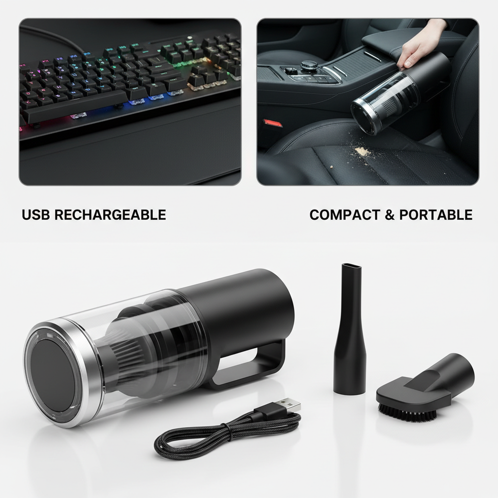 Compact cordless USB rechargeable mini handheld vacuum cleaner with attachments